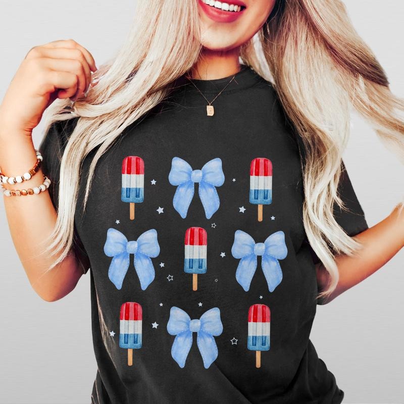 4th of July Popsicle and Coquette Bow Shirt, Patriotic T-Shirt, Independence Day Outfit, USA Flag Popsicle Tee, Retro 4th of July Design, Women's Casual Wear, Comfortable Summer Top, July 4th Celebration Shirt, Red White and Blue