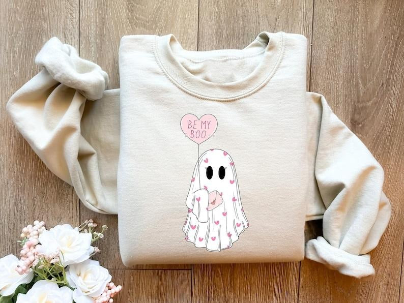 Be My Boo Valentines Day Sweatshirt, Valentines Day Shirt, Valentines Gift Shirt, ghost Valentine Hoodie and Sweater; T-shirt Cotton Menswear Polyester Tops