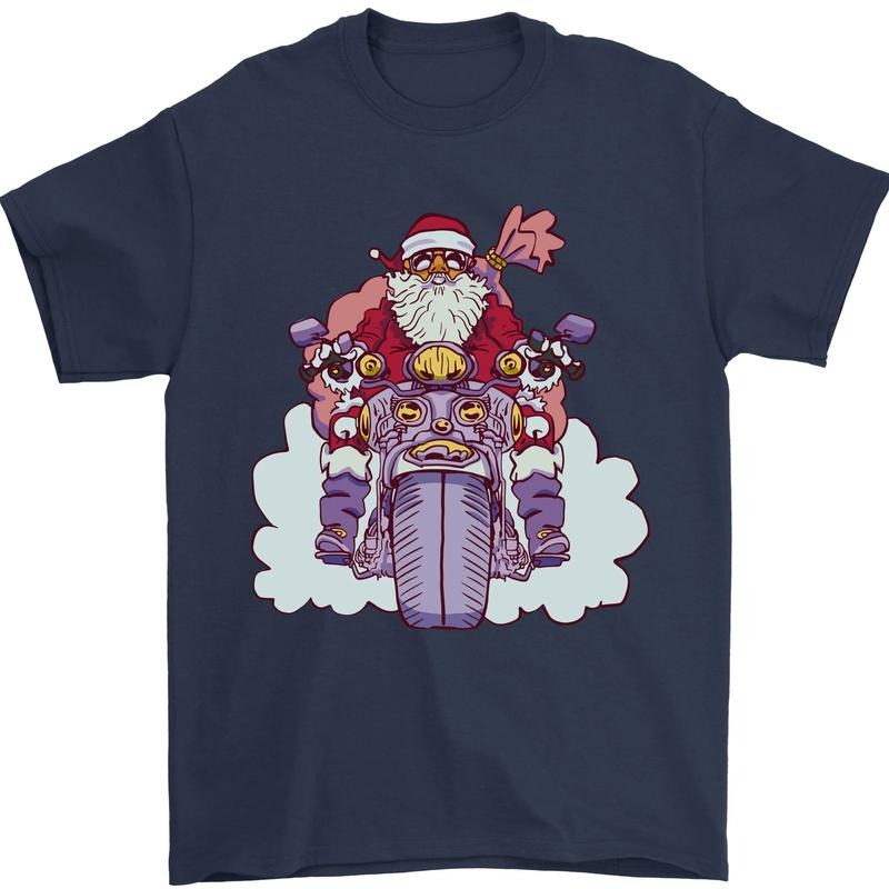 Biker Santa Christmas Motorcycle Motorbike Mens T-Shirt Cotton Made in USA