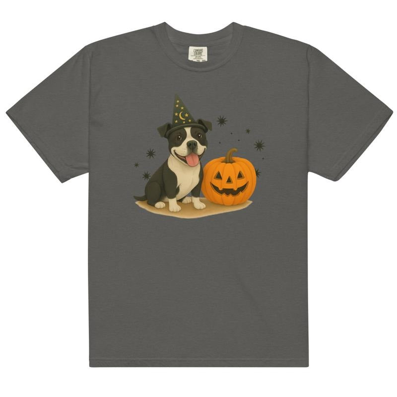 Black and White Pitbull Halloween Witchy Dogs Shirt ~ Unisex Apparel Relaxed Fit Printed In The USA Clothing Womenswear Casual Comfort Cotton Top Athletic Boho Chi
