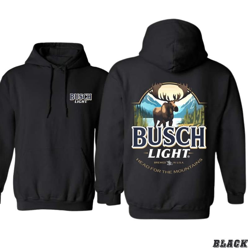Busch Light Hoodie - Adventure-Ready Design Featuring Majestic Mountain and Moose Graphic, camo country hoodies, Perfect for Nature Lovers and Outdoor Enthusiasts, Unisex Hoodie for Comfortable and Stylish Wear Menswear Sweaters Tops Underwear