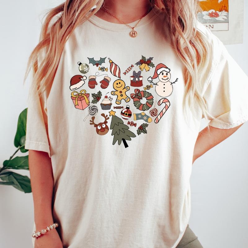 CHRISTMAS HEART DOODLE T-SHIRT (COMFORT COLORS T-SHIRT, CASUAL SHIRT UNISEX, CHRISTMAS CLOTHING, GRAPHIC APPAREL, HOLIDAY SHIRT) Cotton Fabric
