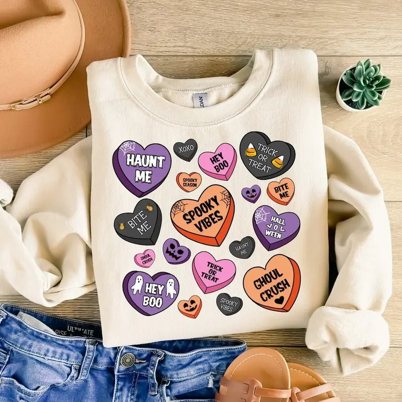 Candy Hearts Halloween SweatShirt, Spooky Vibes Shirt, Halloween Shirt Design, Pumpkin Halloween, Halloween candy Shirt