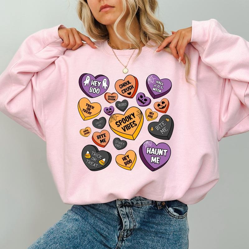 Candy Hearts Halloween Sweatshirt, Retro Halloween Crewneck, Spooky Vibes Sweatshirt, Candy Hearts Sweater For Women, Trick Or Treat Girl Sweater, Comfy Long Sleeve Pullover, Cute Womens Tops, Halloween Casual Womenswear, Comfort Cotton Fabric Relaxed Top