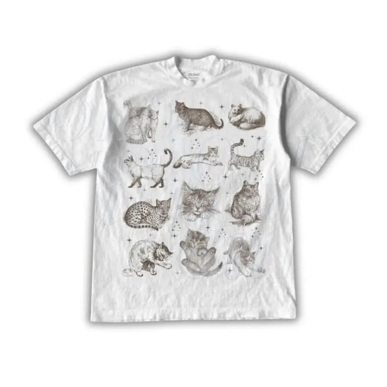 Cats Retro 90s Tattoo Vintage Graphic Tshirt, Vintage Kitten Nature Shirt, Cat Lovers Gift, Cats In Space Unisex Relaxed Adult Graphic Tee, Funny Gift