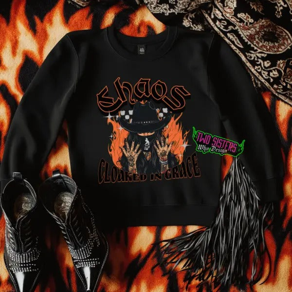 Chaos Cloaked in Grace - Black Crewneck Sweatshirt | Punk, Alt, Grunge, Goth, Skeleton, Western Style