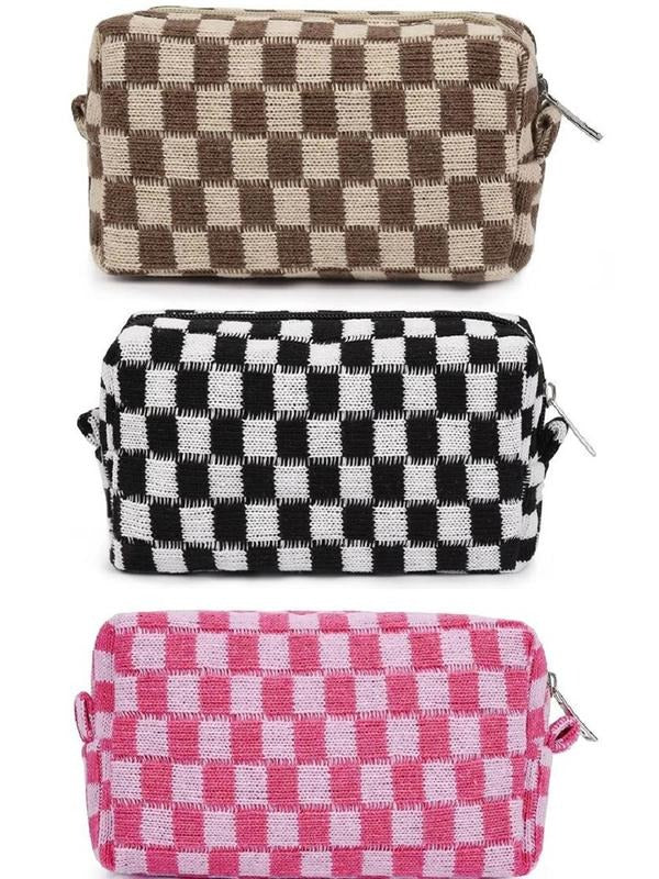 Checkered Makeup Cosmetic Pouch Bag, Zipper Pouch Travel Cosmetic Organzier for Women, Versatile Daily Bag for Storage