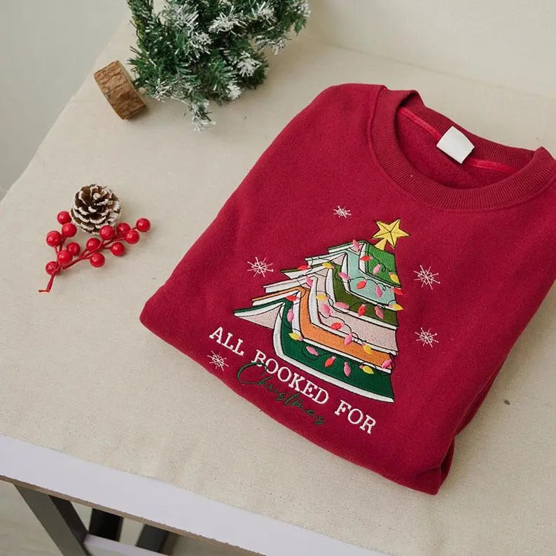 Christmas Embroidered Sweatshirt for Book Lovers - Unisex Loose Fit - Pullover, Fabric