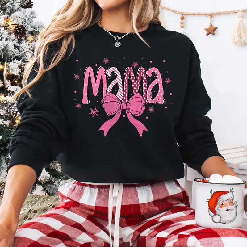 Christmas Mama Sweatshirt, Coquette Bow Christmas Mama Claus Shirt - Fabric, Pullover