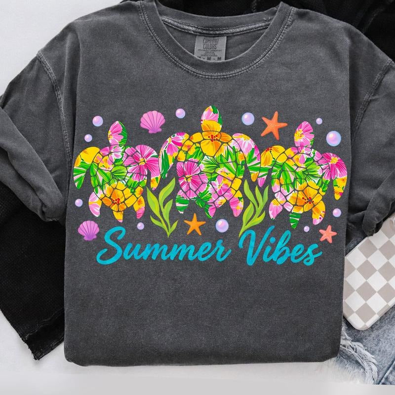 Comfort Colors Preppy Summer Vibes T-Shirt, Sea Turtle T-Shirt, Beach Vibes Shirt, Ocean Life T-Shirt, Tropical Turtle TShirt, Ocean Turtle T-Shirt