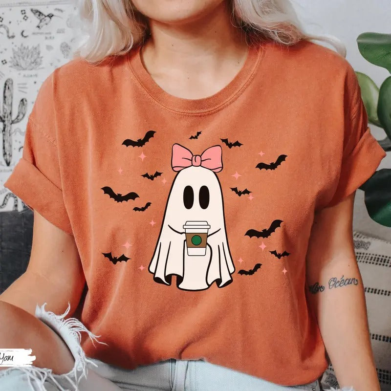 Comfort Colors Pumpkin Spice Ghost Shirt, Halloween Ghost Shirt, Cute Fall Shirt, Spooky Season Gift, Halloween Bow Shirt
