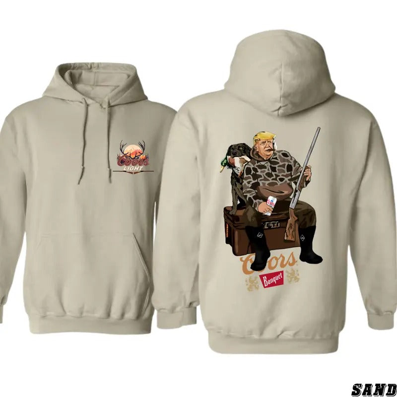 Coors Hoodie - Bold Hunting Design Featuring Trump with Coors Banquet and Loyal Dog, Perfect for Beer Enthusiasts and Hunters, Cozy Hoodie for Outdoor Adventures and Everyday Comfort