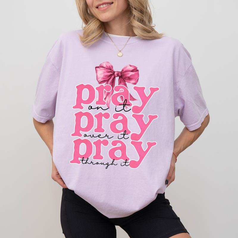 Coquette Bow Pink Sweatshirt, Pray on it Sweater, Religious Crewneck, Bible Verse Gift for Christian, Faith Based Apparel