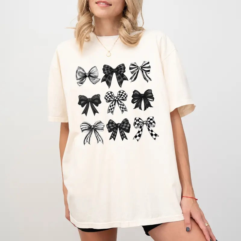 Coquette Checkered Bows Shirt, Preppy Retro Bow Halloween Tee, Black Ribbon Graphic Tee Women, Checkered Dark Bow Shirt, Comfy Oversized Graphic