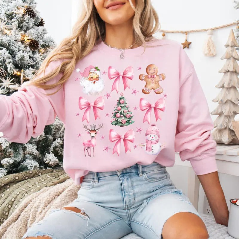 Coquette Christmas Sweatshirt Pretty Pink Bows Santas And Gingerbread Sweatshirt Festive Holiday Crewneck Soft Girl Christmas Sweater Cotton Womenswear