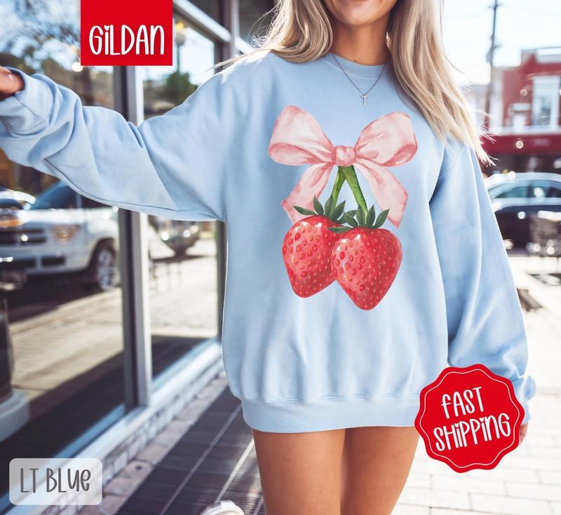 Coquette Strawberry Sweatshirt, Cute Berry Bow Crewneck, Trendy Women's Sweater, Gift for Her