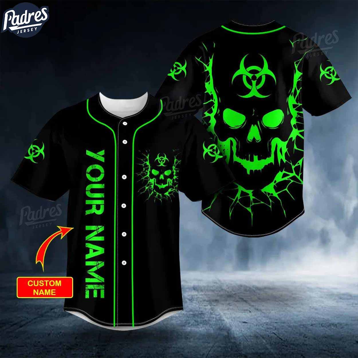 Custom Biohazard Symbol Green Flame Skull Baseball Jersey - Padres Jersey Oasis: Elevate Your Baseball Style Game