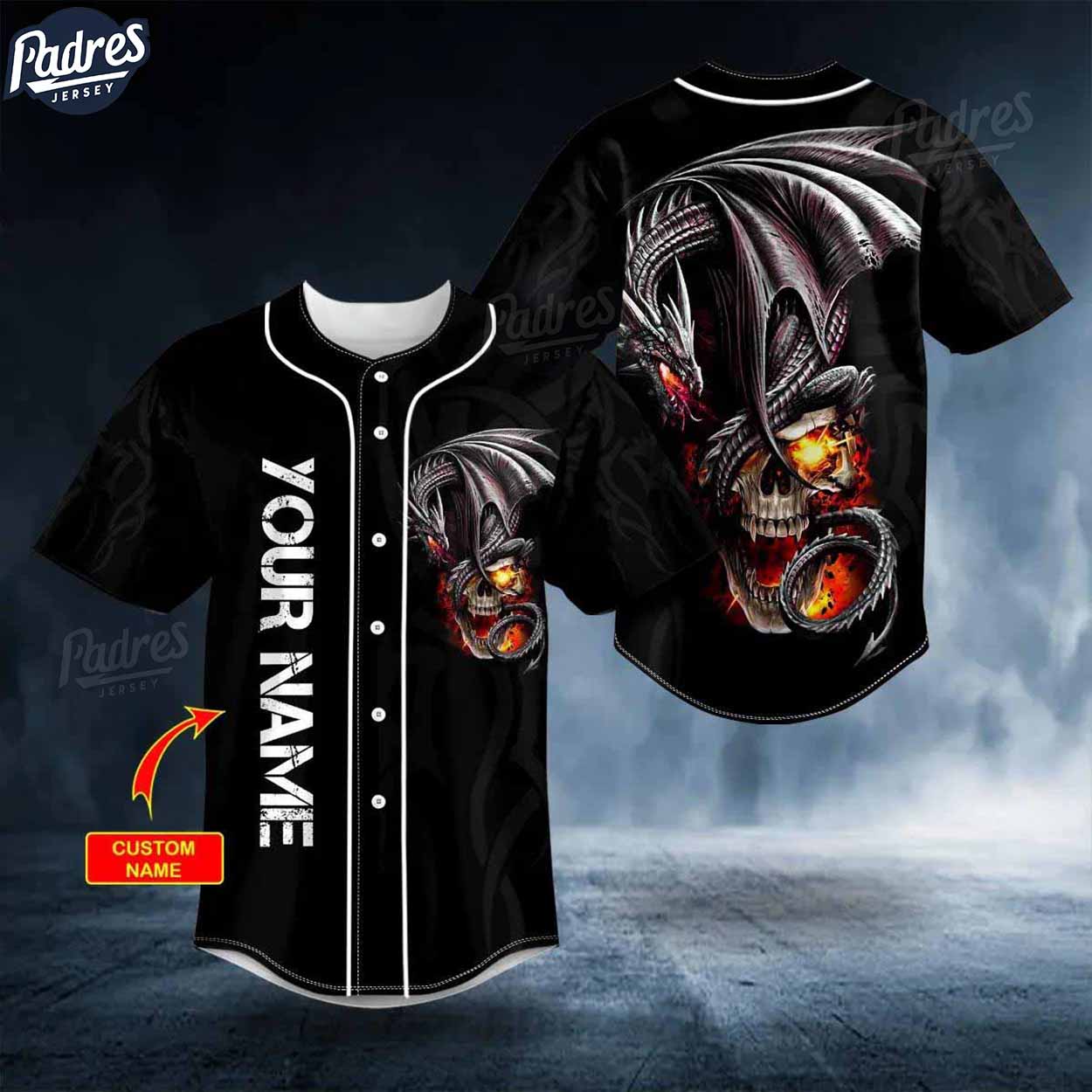 Custom Black Gothic Dragon Fire Skull Baseball Jersey - Padres Jersey Oasis: Elevate Your Baseball Style Game