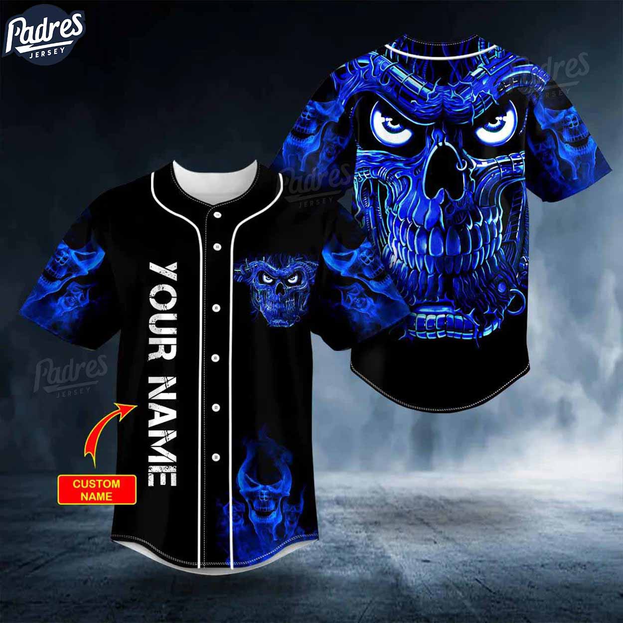 Custom Terminator Blue Fire Skull Baseball Jersey - Padres Jersey Oasis: Elevate Your Baseball Style Game