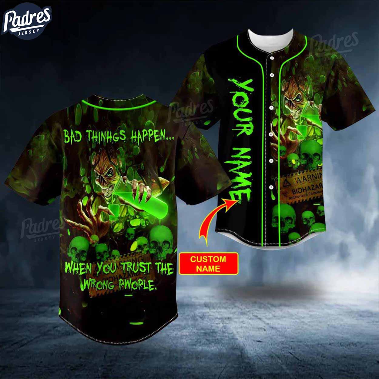 Custom Trust Wrong People Green Biohazard Monster Skull Baseball Jersey - Padres Jersey Oasis: Elevate Your Baseball Style Game