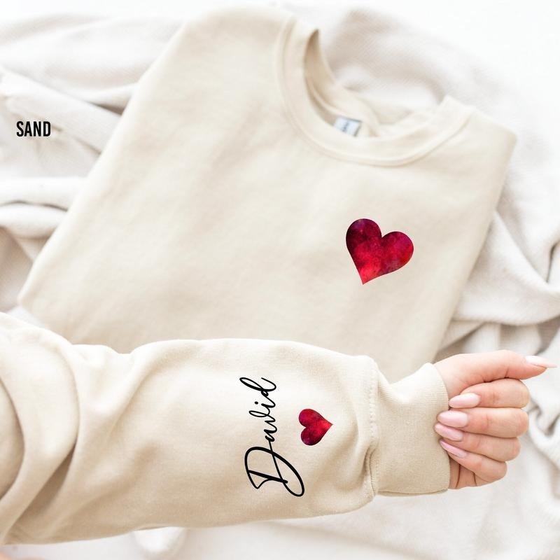 Custom Valentines Day Sweatshirt With Name on Sleeve, Valentine Heart Sweatshirt