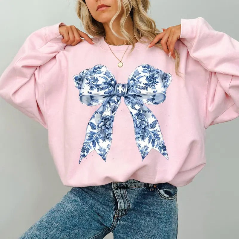 Cute Blue Toile Bow Trendy Sweatshirt, Cute Coquette Bow Sweater, Cute Bow Shirt, Cute Women Gift, Blue Ribbon Sweater, Girly Aesthetic T shirt