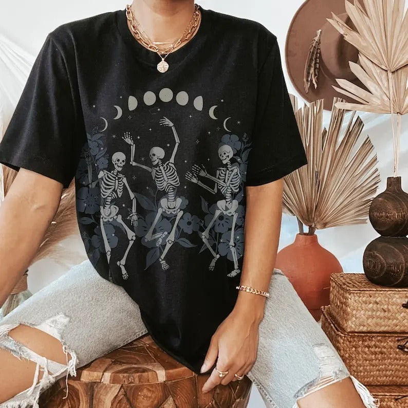 Dancing Skeleton Oversized TShirt, Botanical Witchy Aesthetic, Creepy Cute Trendy Tee, Goth Witch Clothing, Bones Skull Mystical Tee Shirt