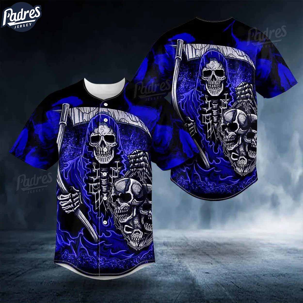 Dark Blue Fatal Shears Grim Reaper Skull Baseball Jersey - Padres Jersey Oasis: Elevate Your Baseball Style Game