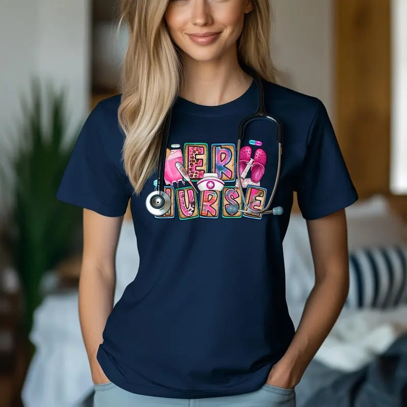ER Nurse Essential Cute Colorful Graphic Unisex T-Shirt | Trendy Apparel for Medical Professionals Casual Crewneck Comfort Cotton