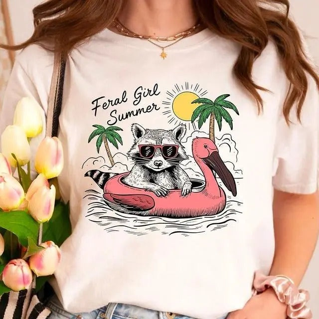 Feral Girl Summer Raccoon Shirt, Funny Meme Raccoon TShirt, Funny Raccoon Tee, Feral Summer Shirt, Cowgirl Shirt, Unisex Classic Cotton Tee with Graphic Print in All Sizes