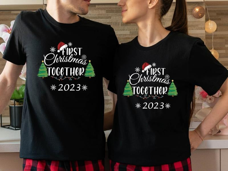 First Christmas Together 2023 Shirt, Matching Couples Christmas T-Shirt, Our 1st X-mas Celebration Tees, Wife And Husband Holiday Gift Tees.