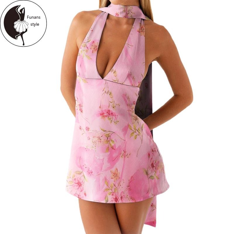 Women's Halter Dress with Collar 2 Pcs Set Stylish Solid/Floral Print Deep V Neck Sleeveless Mini A-Line Dress