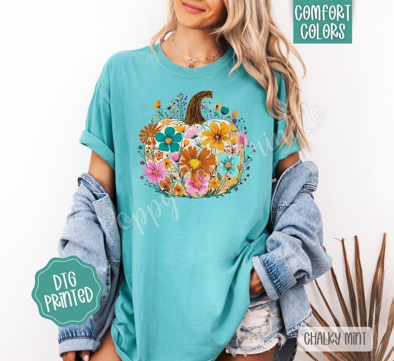 Floral Pumpkin Shirt Comfort Colors, Trendy Autumn Tshirt