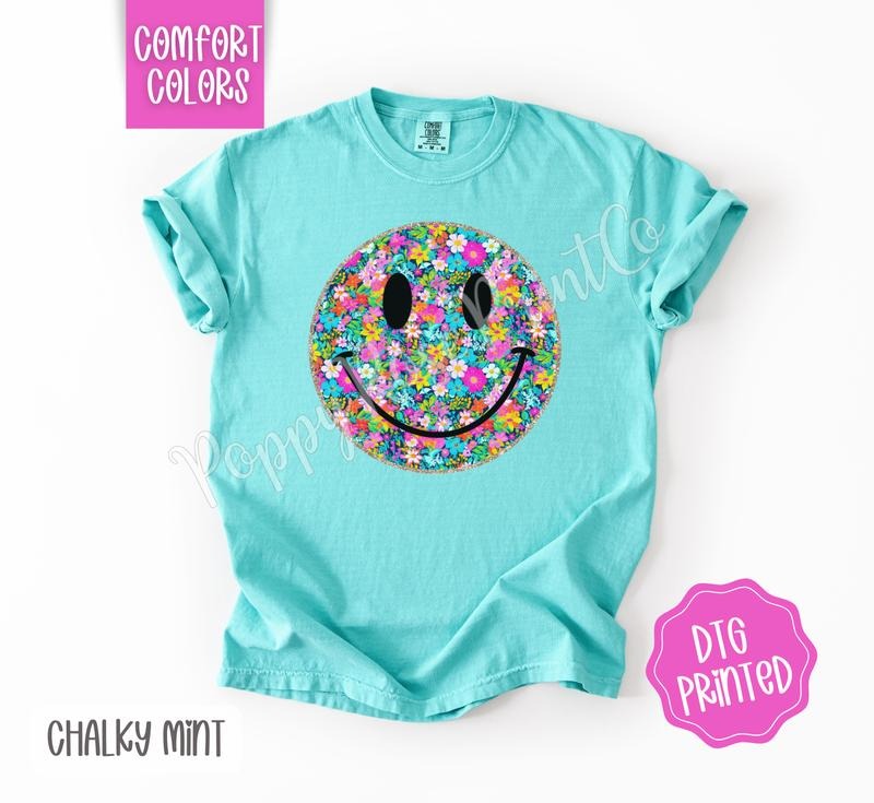 Floral Smiley Comfort Colors Shirt, Cute Summer Tshirt, Trendy Flower Tee, Gift for Her
