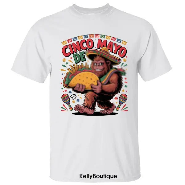 Funny Bigfoot Sasquatch Carrying Taco Cinco de Mayo Shirt, National Park On Taco Tuesday Camping Hiking Lovers Unisex Cotton T-shirt for Men for Women
