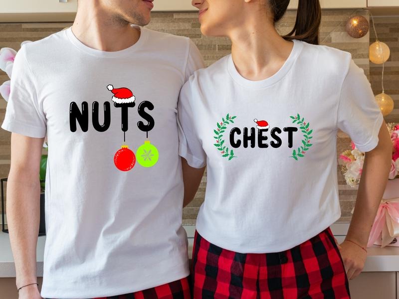 Funny Christmas 2023 Couples Shirt, Chest And Nuts Christmas T-Shirt, Matching Parents X-mas Party Tee, His and Hers Shirt, Couples Holiday Gift Tees.