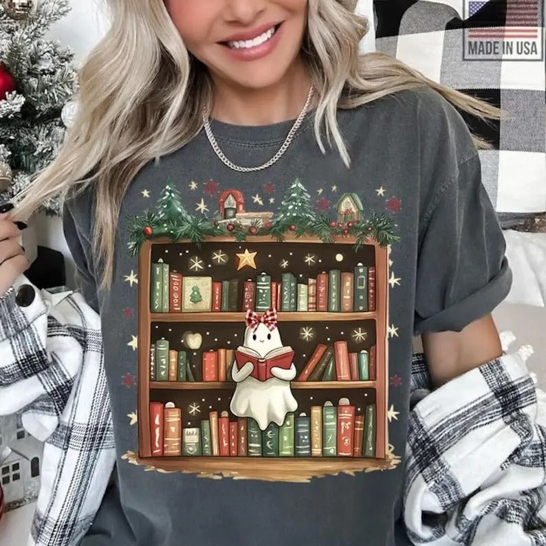 Ghost Reading Books Christmas Sweatshirt, Bookish Christmas Crewneck, Cute Ghost Xmas, Christmas Teacher Gift, Librarian Hoodie Unisex