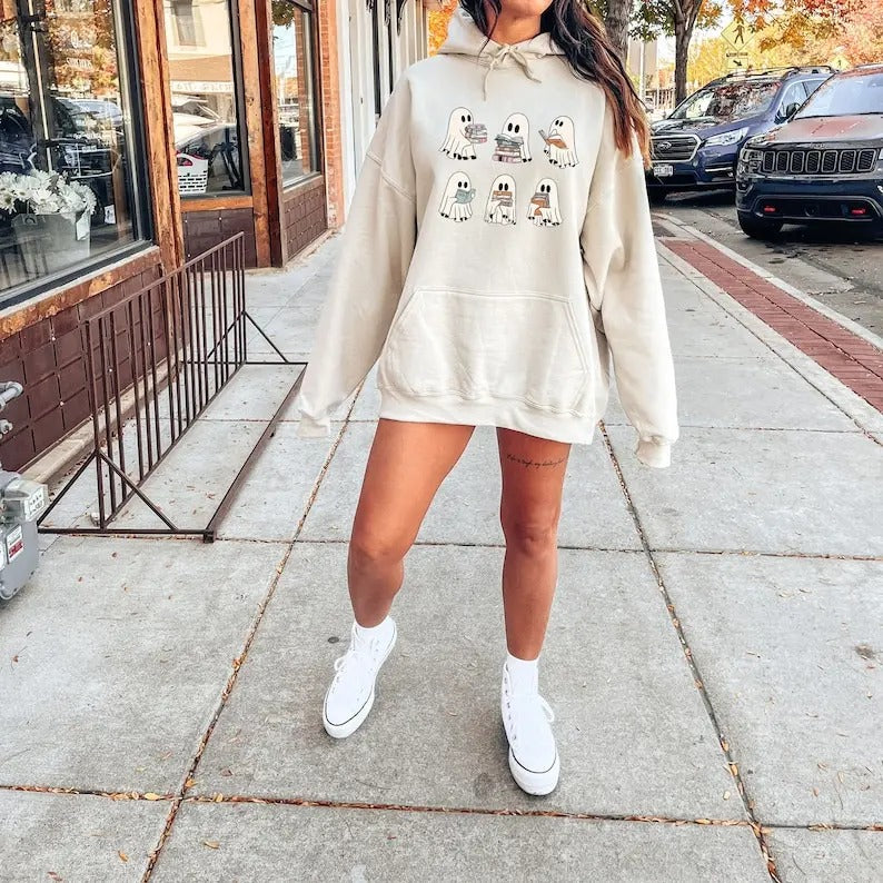 Ghost Reading Books Sweater, Bookish Halloween Sweatshirt, Halloween Teacher Gift, Librarian Halloween Hoodie, Ghost Crewneck T-shirt, sweater and Hoodie