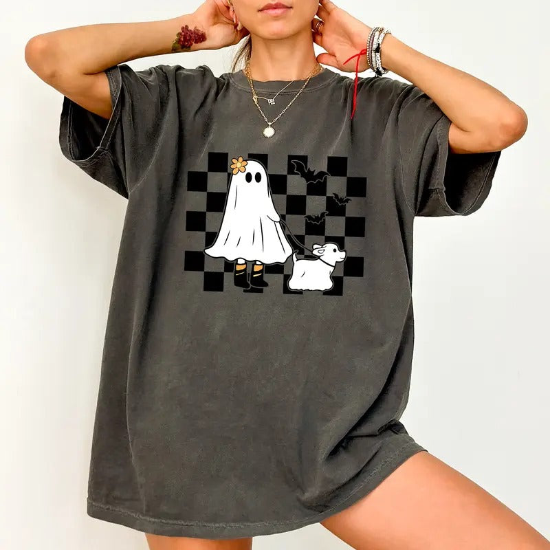 Halloween Ghost Dog Shirt Comfort Color, Retro Ghost with Dogs Checkered Graphic Printed Women Tee, Ghost Dog Halloween Crewneck, Funny Halloween Dog Mama Ghost Shirt, Dog Lover Gift, Women's Tops, Comfort Cotton Fabric Short Sleeve Relaxed Tee