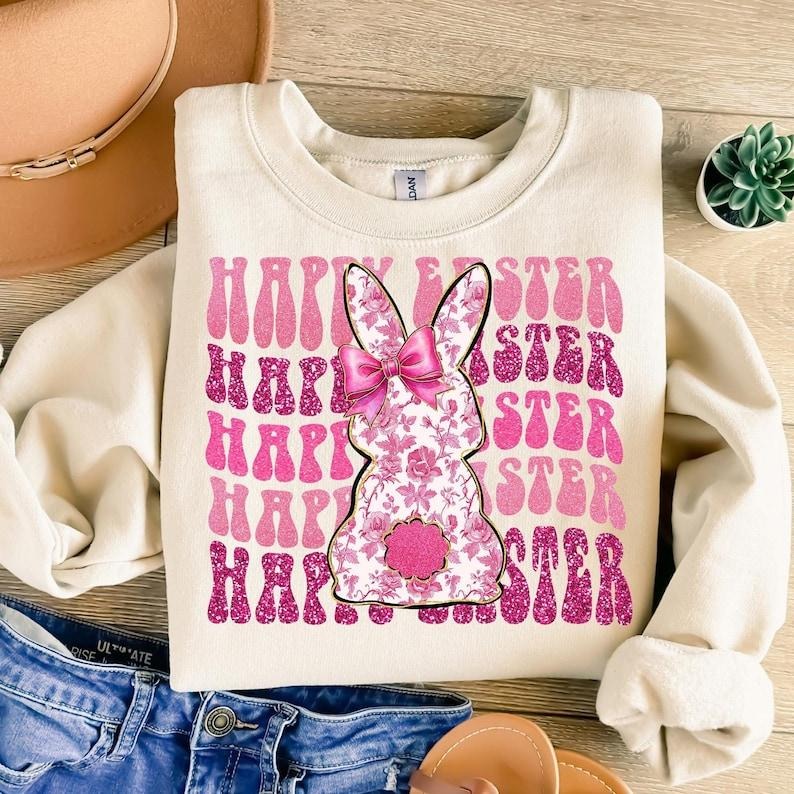 Happy Easter , Pink Floral Chinoiserie Easter Coquette , Grand Millennial Easter , Pink Toile Easter Bunny Bow, Easter Sweatshirt