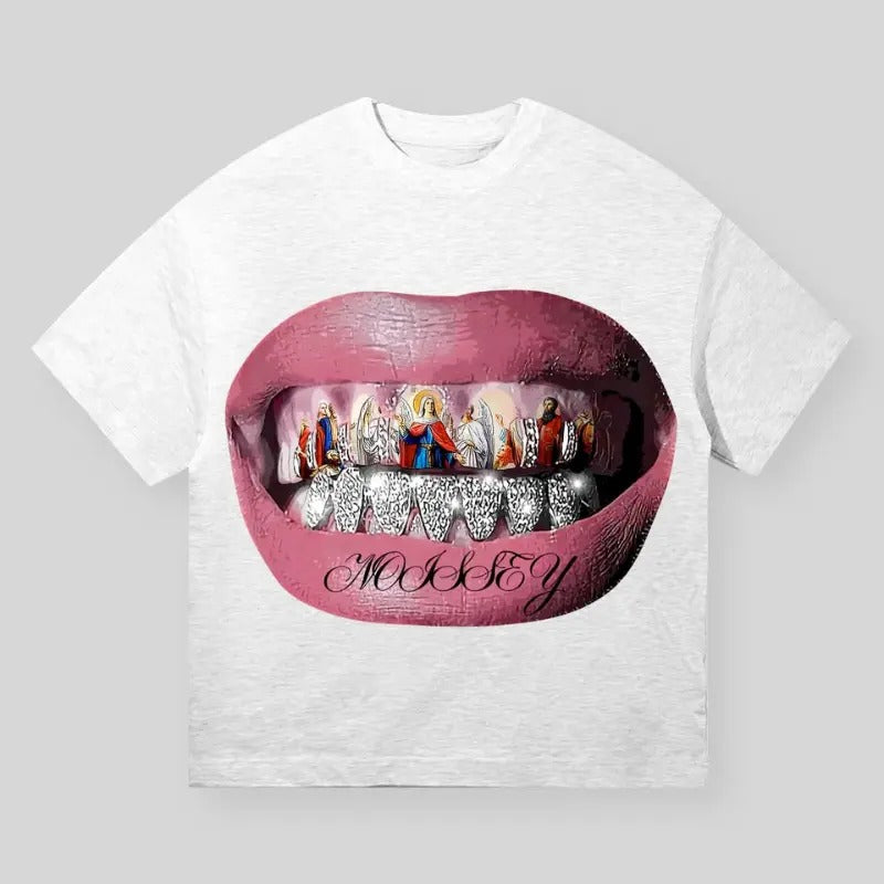 High-Quality Religious Madonna Glitter Lip Print T-Shirt, Unisex Cotton Crewneck T-Shirt - Medium, Short Sleeve, Casual Streetwear Printed Tee