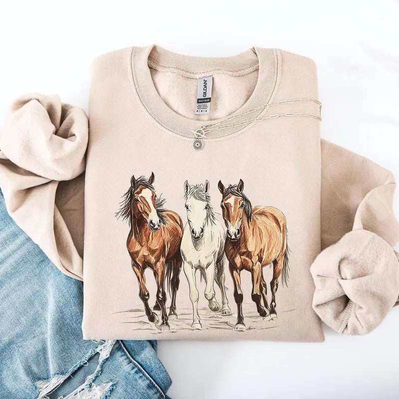 Horses, Western, Classic, Country, Cowboy, Cowgirl, Rodeo Sweatshirt, Crew Neck, Women's, Crewneck