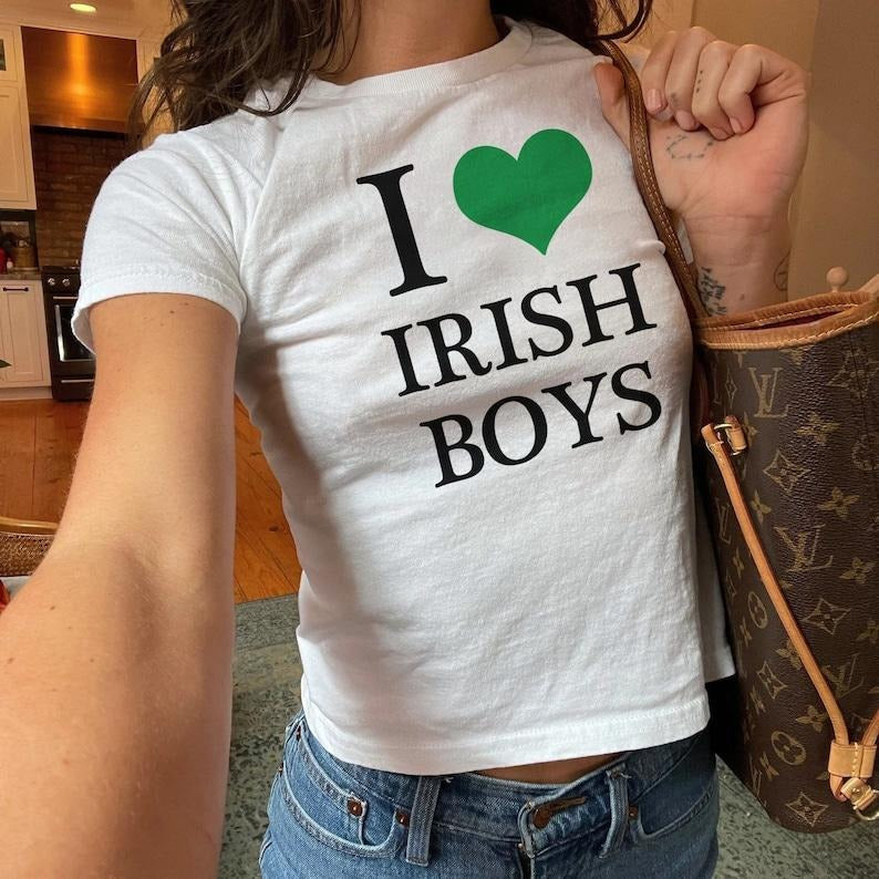 I Love Irish Boys Baby Tee Y2K St Paddy Baby Tee, St Patricks Day Women's Fitted Tee, Y2K Clothing, Trendy Top, 90s Coquette Baby Tee