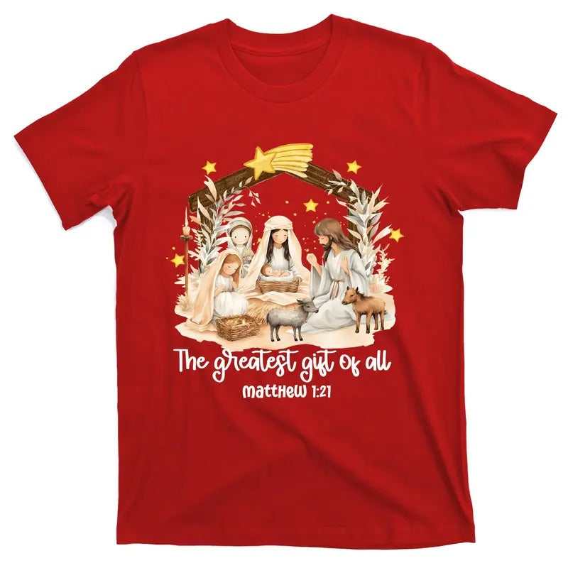 Jesus Christmas Nativity Scene Holy Night A Savior was Born Christian Catholic T-Shirt For Men and Women
