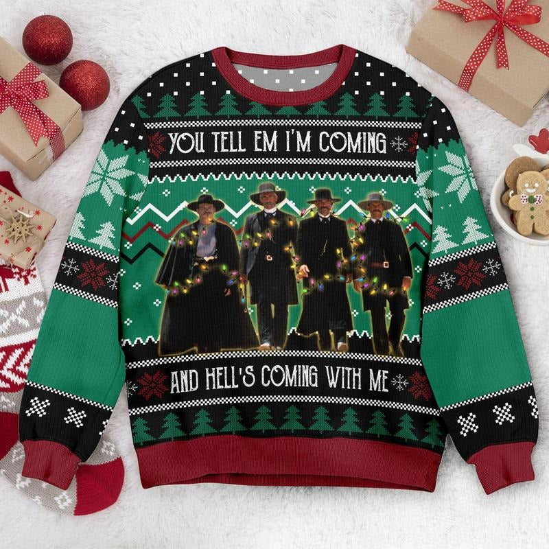Kurt Russell 'Hell's Coming' Ugly Christmas Sweater: Movie Quote Xmas Sweatshirt
