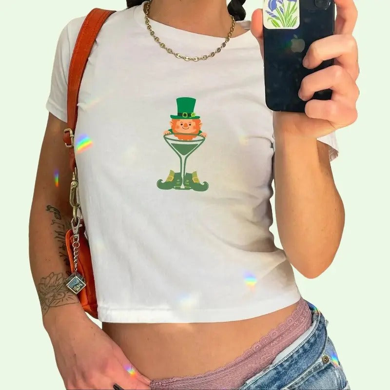 Leprechaun Baby Tee, Trendy St Patricks Day Tshirt, Retro St Pattys Day Shirt, Green Lucky Cocktail Babytee, Y2K Aesthetic Shamrock Baby Tee