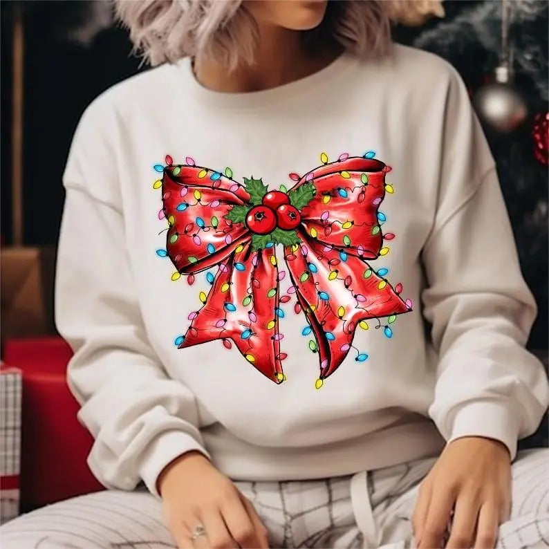 Light Red Bow Christmas Sweatshirt, Coquette Sweatshirt, Cute Bow Shirt for Women, Women Gift for Christmas, Xmas Vibes, Cozy Season