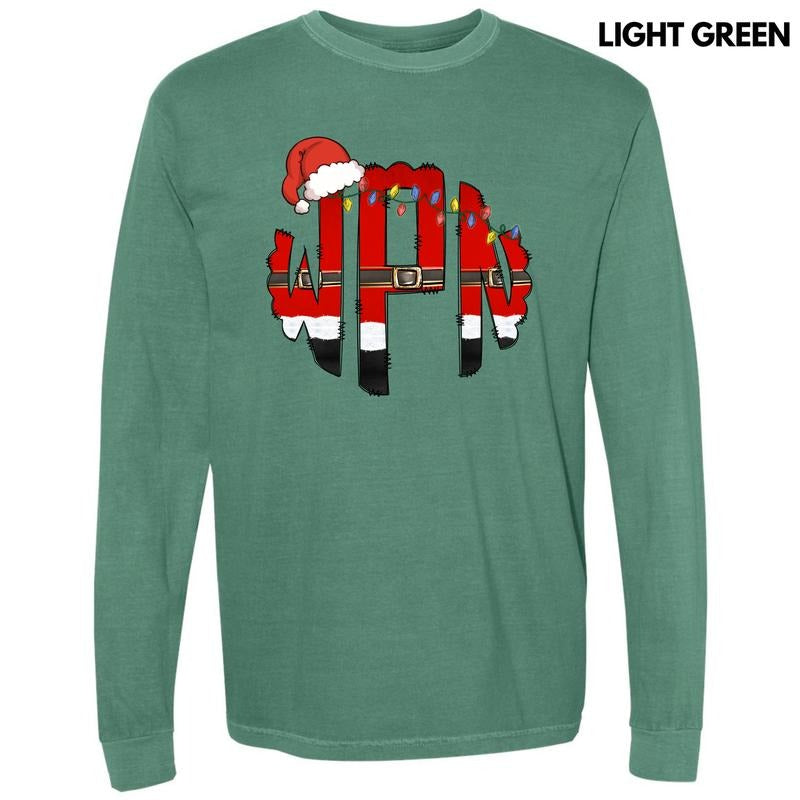 Lights & Hat Santa Outfit Monogram Long Sleeve Comfort Colors T-Shirt 'NLB'