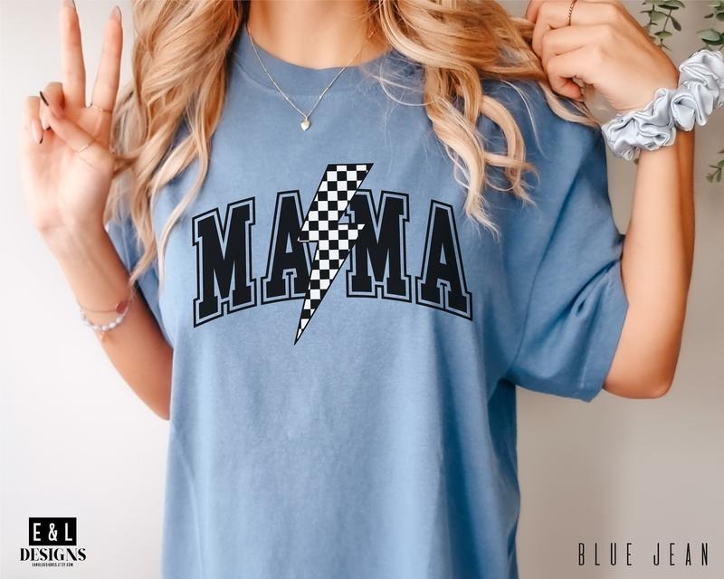 Mama Varsity Shirt, Comfort Colors Tee, Checkered Mom Tee, Mother's Day Gift, Trendy Lightning Bolt Mama Tshirt, Baby Shower Gift