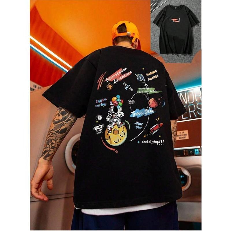 Manfinity EMRG Men's Drop Shoulder T-Shirt With Space Element & Letter Print, 2 Sided T-Shirt , Naughty Clothes Men, Merch Gift